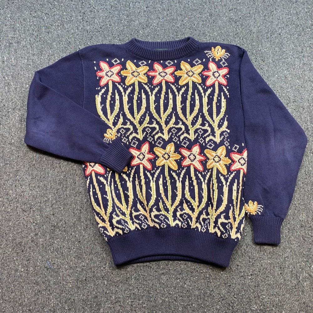 The Scotch House Floral Knit Sweater Sz M Womens Navy Blue Boho Cottagecore